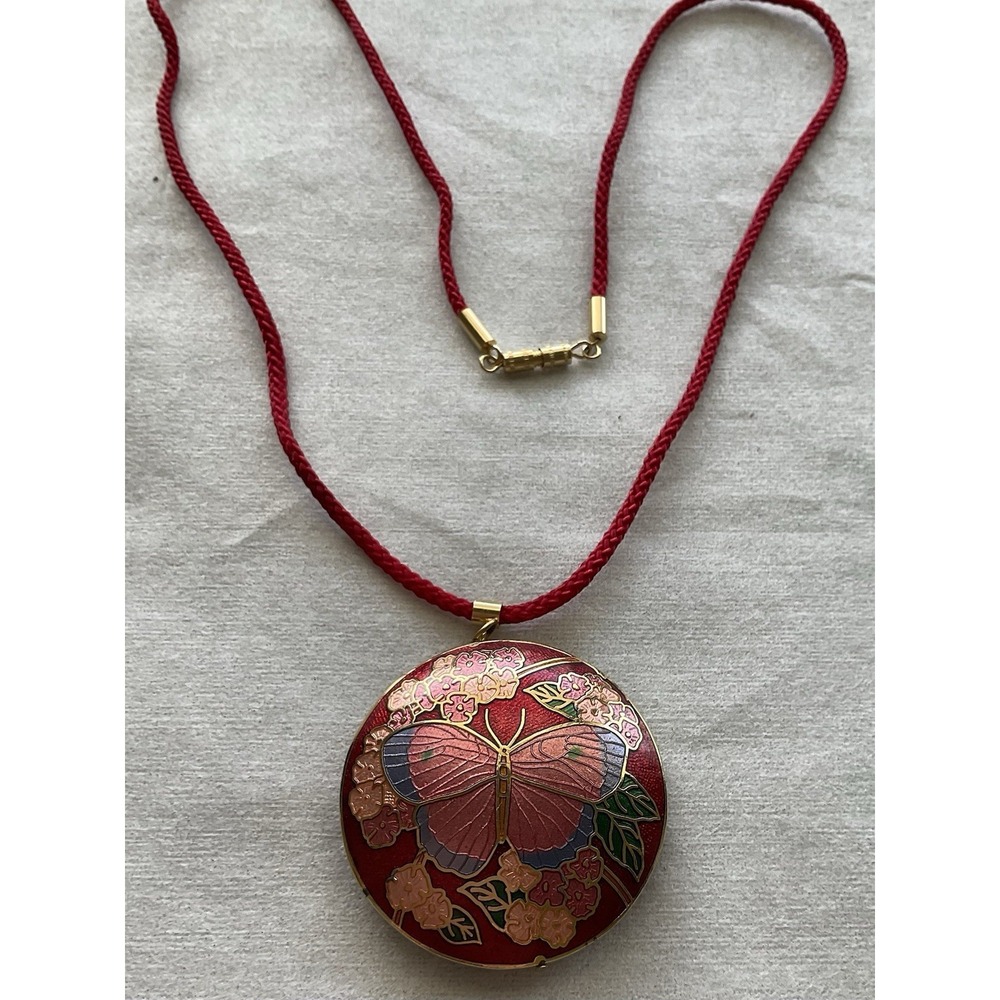 Vintage red enamel cloisonné butterfly pendant necklace Estate Jewelry